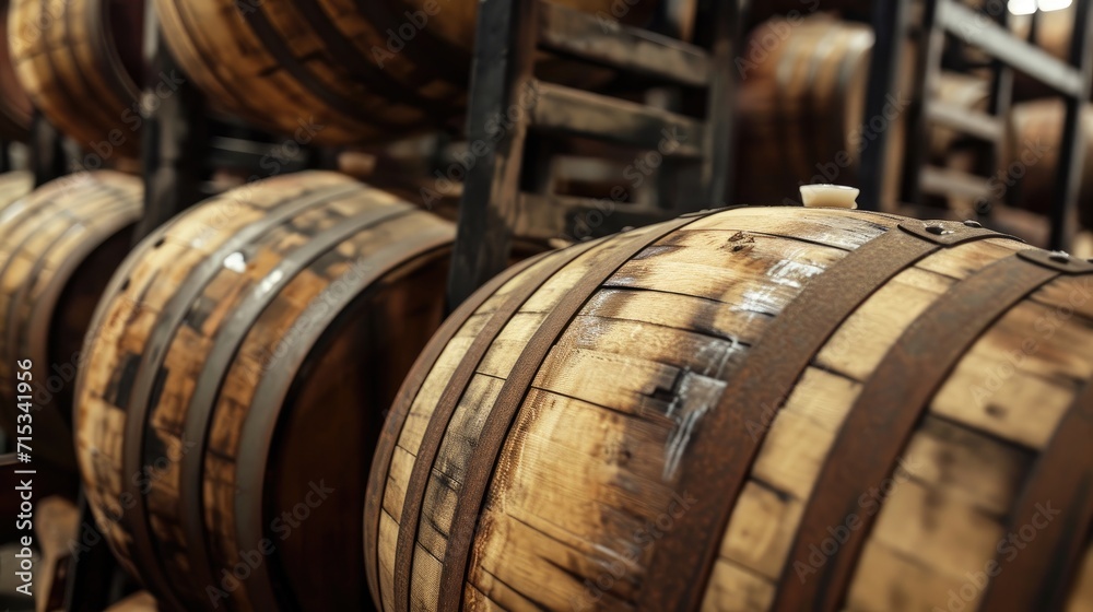 Experience whiskey, bourbon, scotch barrels in an aging facility, hand-edited for perfection, Ai Generated.