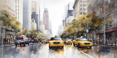 Obraz na plátně city,,Painting of a city street with yellow cabs andWatercolor Rainy City Street