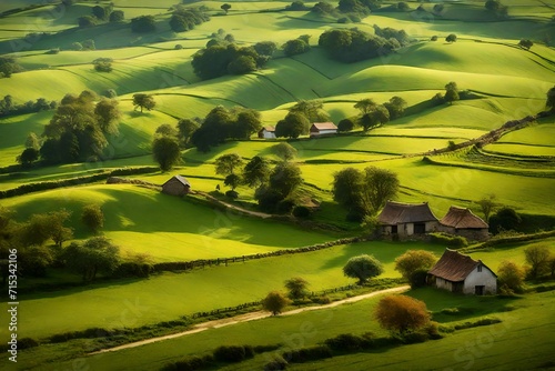 A peaceful  rolling countryside dotted with picturesque farmhouses and grazing livestock. The vibrant green fields stretch into the distance  inviting you to embrace the simple beauty of rural life. 