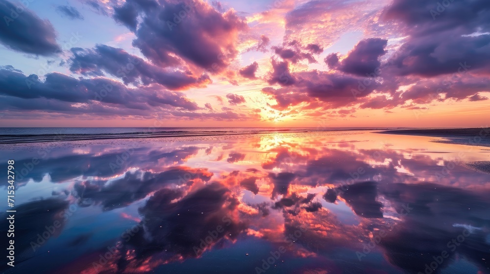 Fototapeta premium Experience the beauty of a vibrant sunset, with clouds reflected on wet sand at low tide. Ai Generated.