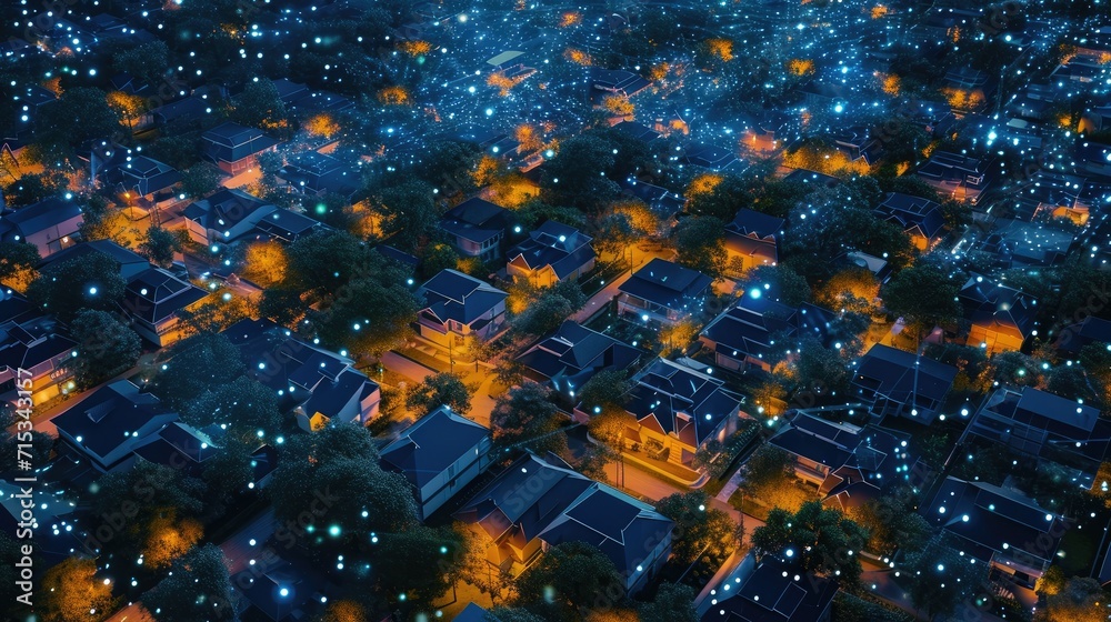 Obraz premium Enter the realm of digital community with smart homes, DX, IoT, and a thriving digital network. Suburban houses engage in data transactions under the night sky. Ai Generated.