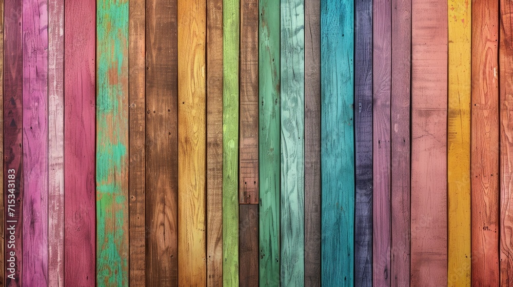 Immerse in the grungy charm of colorful wood strips forming a spectrum background. Ai Generated.