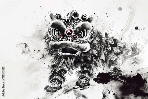 A lion dance in the style of Chinese ink painting.
