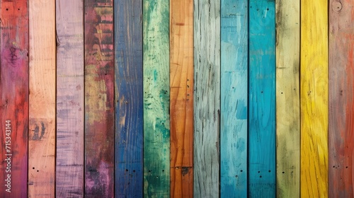 Immerse in the grungy charm of colorful wood strips forming a spectrum background. Ai Generated.
