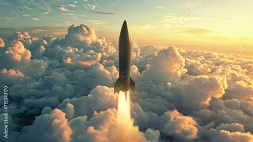 A combat rocket soars above clouds, heralding missile attack, air assault, and war—a chilling prelude to impending conflict, Ai Generated. photo