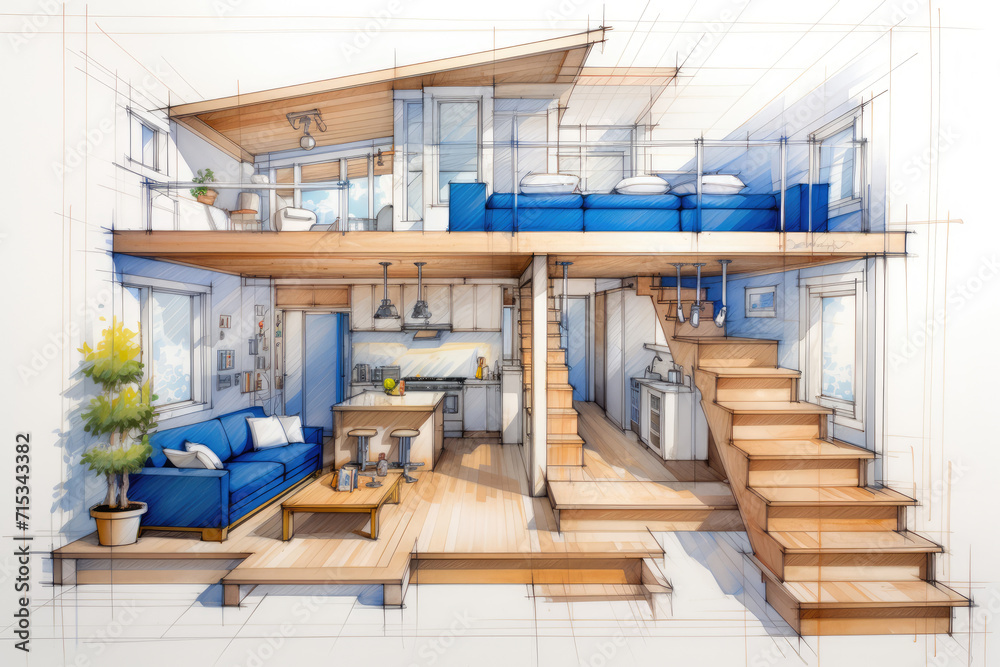 
Architectural blueprint of a tiny house, displaying a thoughtful layout maximizing living space