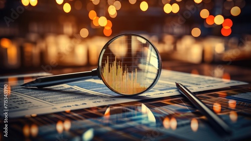 Strategic Business Audit and Financial Management: Analyzing Data for Profitable Growth, Magnifying glass science and technology, Graphs and dashboard