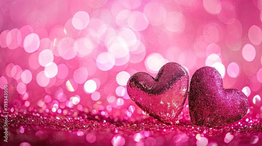 Two hearts on pink glitter shine in a vibrant background, embodying a captivating Valentine's Day concept, Ai Generated.