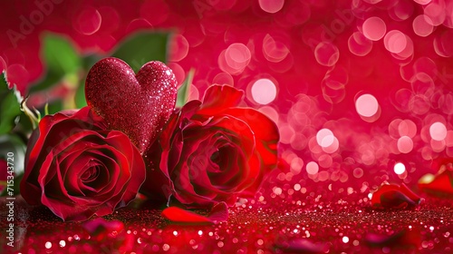 Celebrate Valentine s Day with a background featuring roses and a red heart on a glittery red backdrop perfect for a heartfelt card  Ai Generated.
