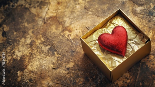 Present a heartfelt gift love or like within a golden box adorned with a red heart on vintage paper, creating a timeless and sentimental scene, Ai Generated.