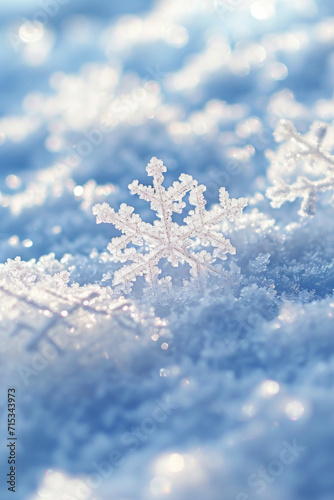 A close-up of snowflakes on the snow. © imlane