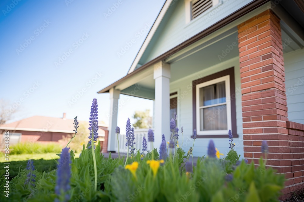simple prairie bungalow, brick chimney, sunny with bluebonnets in bloom