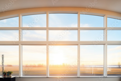 silhouetted prairie against bright sky through ribbon windows