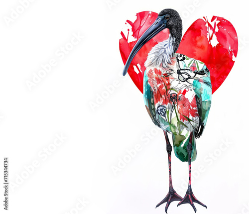 Greeting card/poster/illustration with space for text. Australian animals. A Bin chicken (Australian white ibis) bird. Australia day celebration concept. 