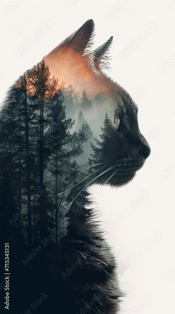 cat in double exposure of forest mountains, silhouette