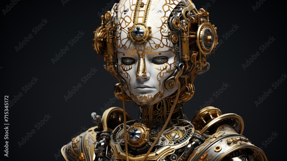 Baroque style robot with ornate gold trimmed designs futuristic Baroque style robot with ornate gold trimmed designs futuristic