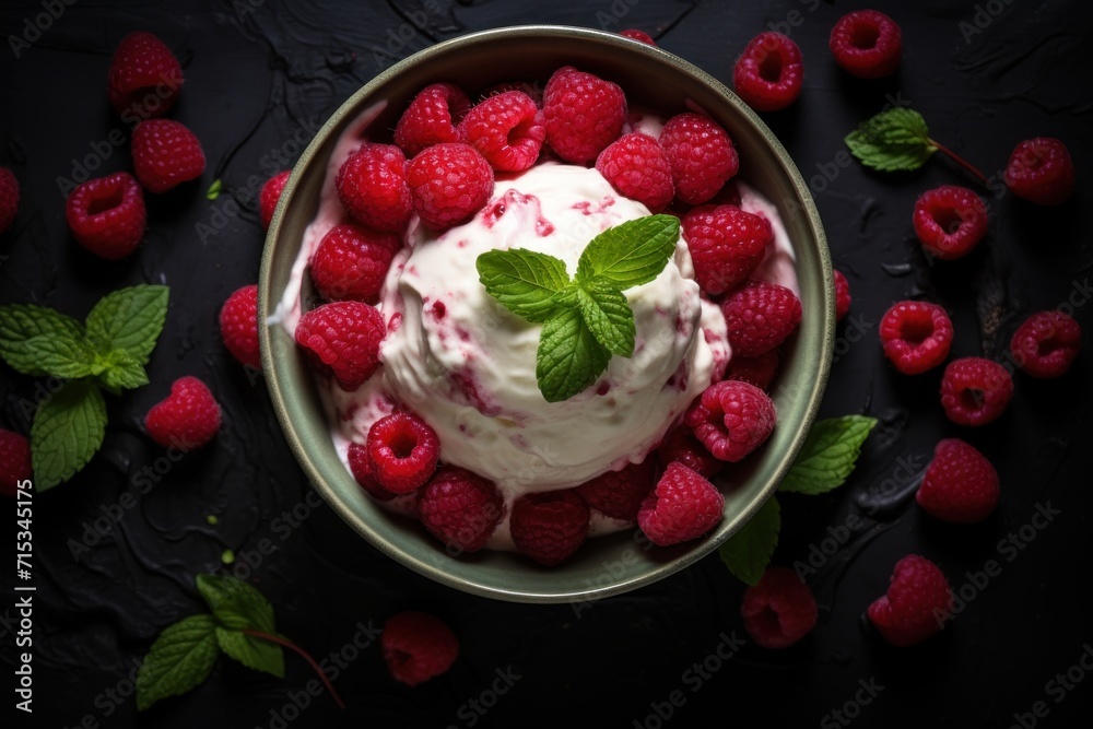 a bowl of ice cream with raspberries and mint leaves on a black background with a black background with raspberries and mint leaves. a bowl of ice cream with raspberries and mint leaves on a black background with a black background with raspberries and mint leaves.