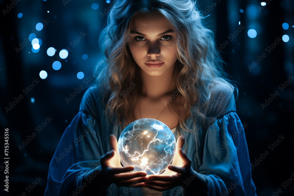 Naklejka premium Beautiful girl on a night with a magic ball. Astrology and Zodiac Concept. Generative Ai.
