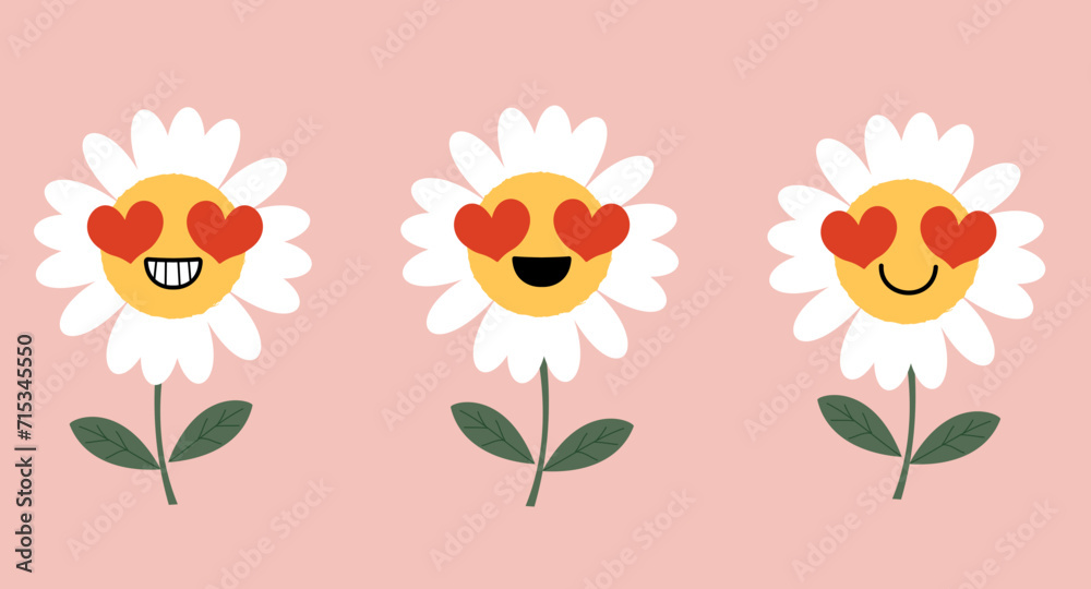 Obraz premium Happy Valentine's icon sign with daisy cartoons on pink background vector illustration.