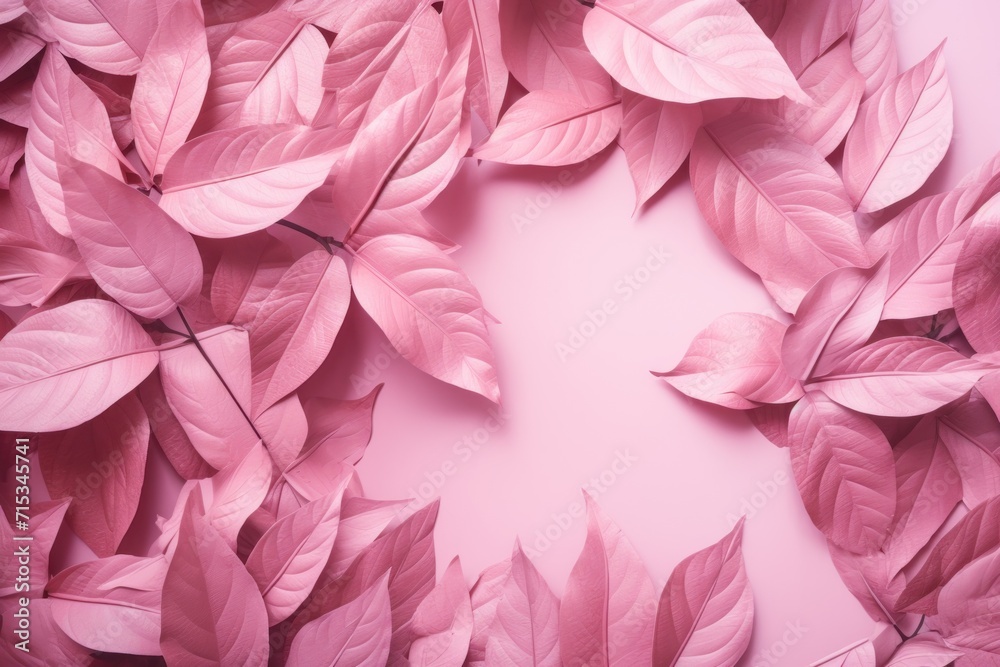  a bunch of pink leaves are arranged in a circle on a pink background with space for a text or image.
