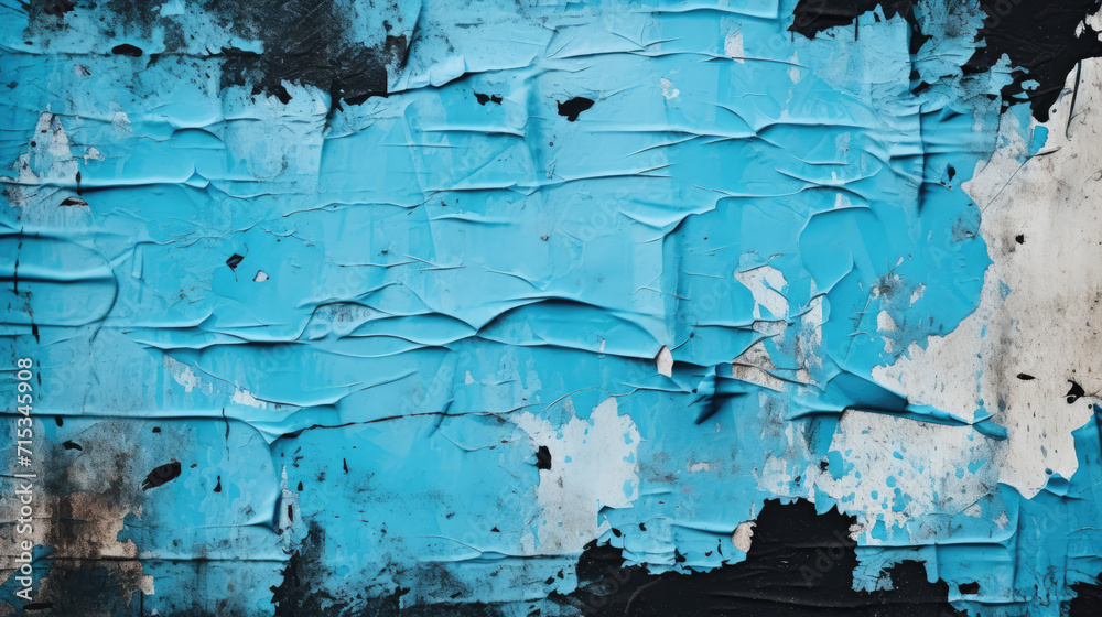 Torn black and azure blue posters glued on billboard with old dirty peeling paper. Abstract and creative background of ripped magazine paper.