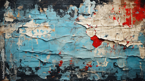 Torn black and azure blue posters glued on billboard with old dirty peeling paper. Abstract and creative background of ripped magazine paper. photo