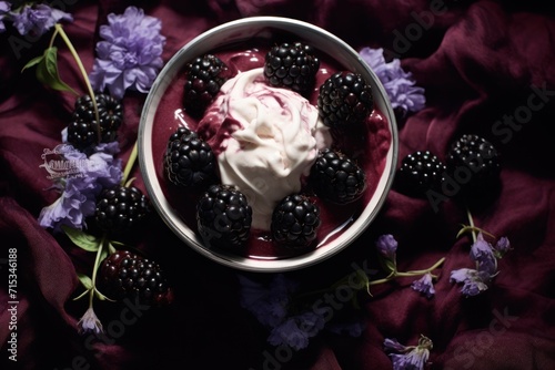  a close up of a bowl of food with berries and whipped cream on a bed of purple and purple flowers.