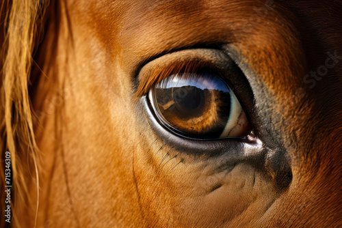  Detailed photograph of a horse's eye, reflecting a gentle expression and long eyelashes