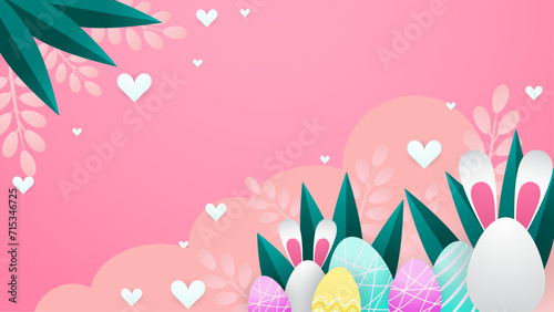 Colorful colourful vector happy easter background. Greeting card, poster or background with bunny, flowers and easter egg. Egg hunt poster. Vector easter illustration flyer template