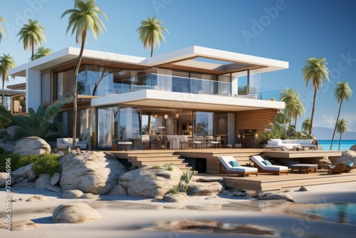 Beachfront Vacation House Design, on an isolated Sandy Beige background, Generative AI © Box Milk