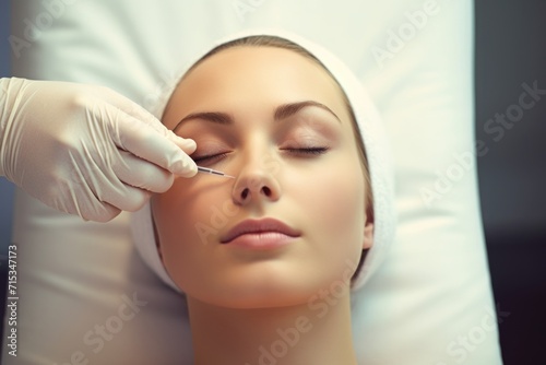 Portrait of a young woman giving a cosmetic botox injection into her nose. A beautiful woman gets a botox injection in her face