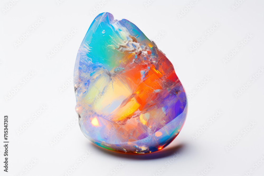 Opal showing its iridescent colors, placed on a white surface to highlight its play of color Opal showing its iridescent colors, placed on a white surface to highlight its play of color