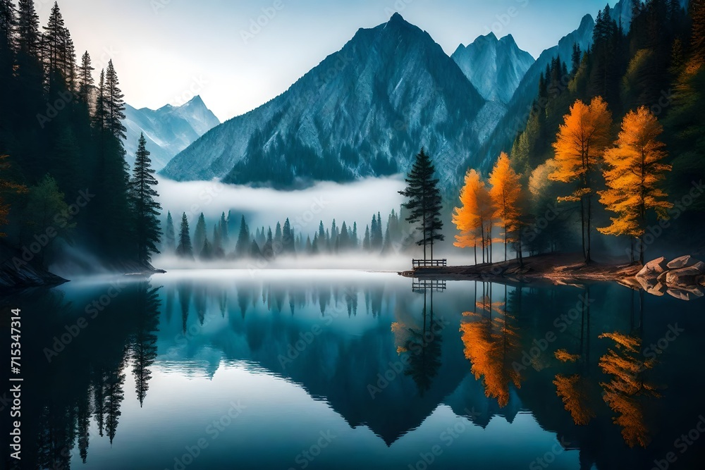 A serene, mist-covered lake nestled between majestic mountains. The tranquil waters mirror the towering peaks, creating a breathtaking reflection. 