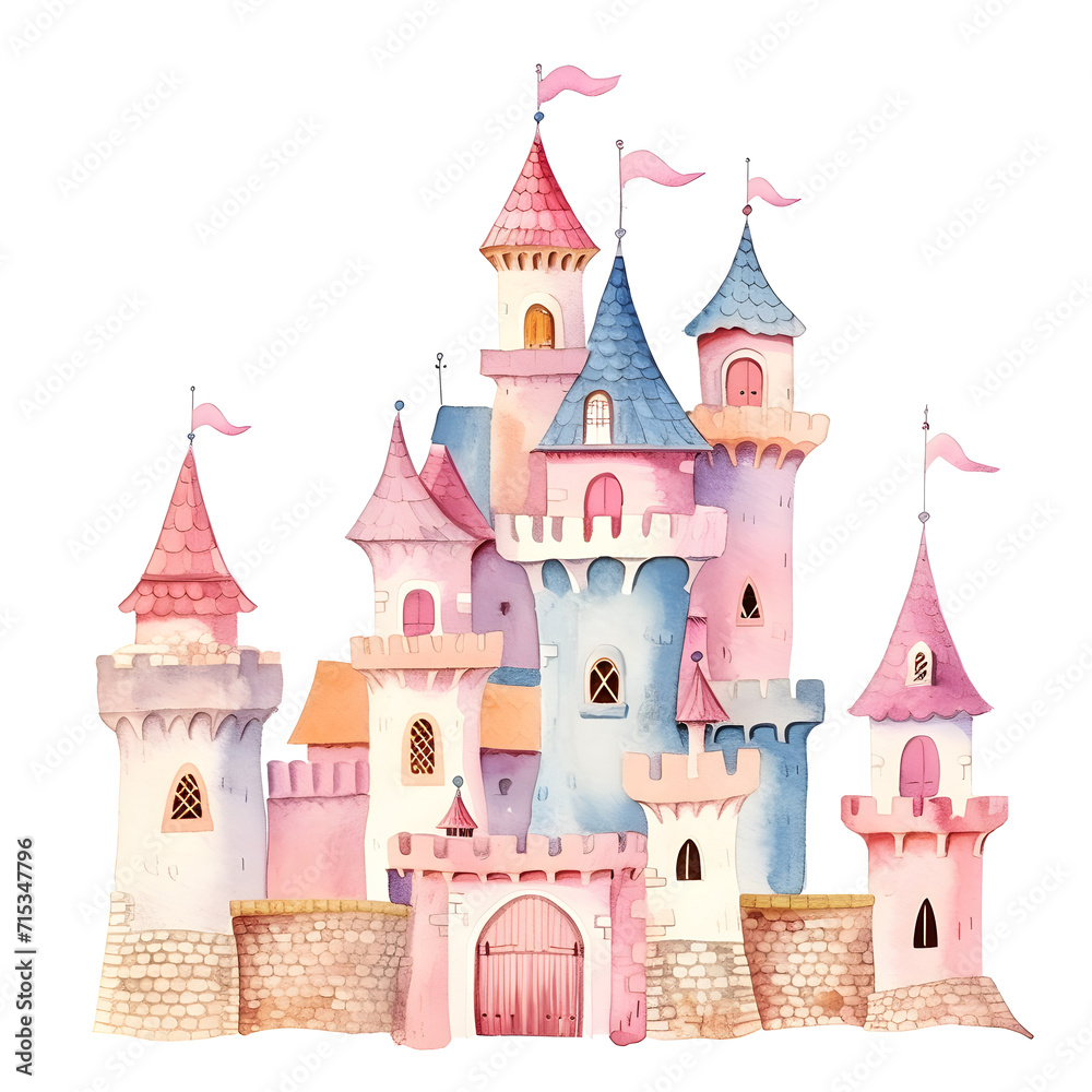 Whimsical Watercolor Castle. A Fairy Tale Painting in Dream, Sparking and Enchanting Imagination. Dreamlike Illustration, Immerse in the Magical Kingdom, Vibrant and Pastel Color of Fantasy.