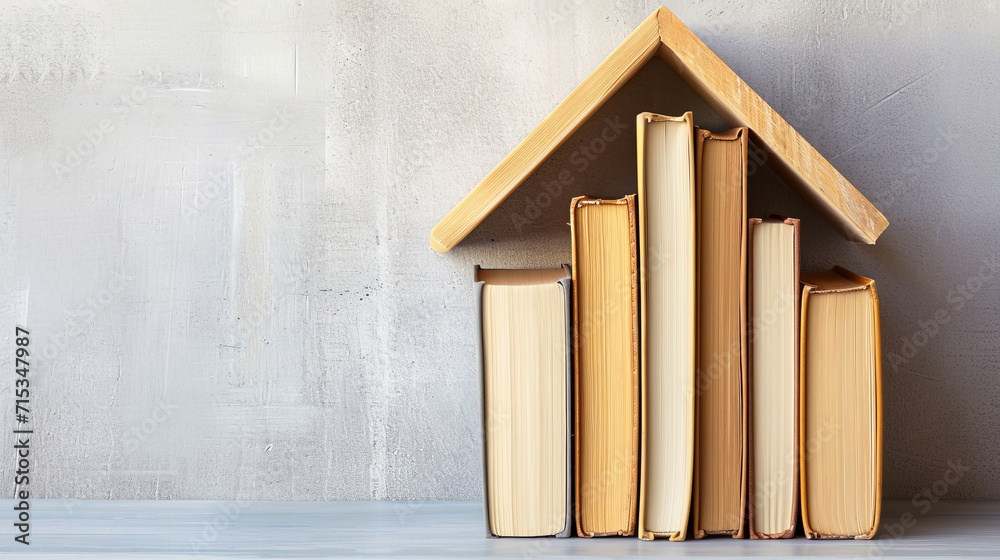 Obraz premium Visualize a modern and brightly lit setting where 5-6 books are arranged to form a stylized house with a roof. 