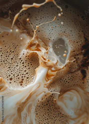 abstract shot of milk mixing into coffee from above