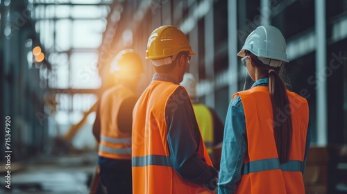 Industrial workers in safety vests and hard hats collaborating on a project, engineer, industrial, safety, construction, factory, building, development, architect, production photo
