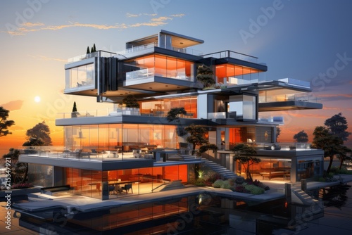 Contemporary Urban Dwelling Sketch, on an isolated Sunset Orange background, Generative AI