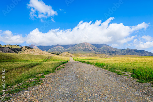 Country gravel road and meadow with mountain nature landscape under blue sky