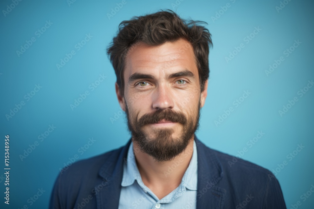 Portrait of a handsome young man with beard and mustache on blue background Portrait of a handsome young man with beard and mustache on blue background