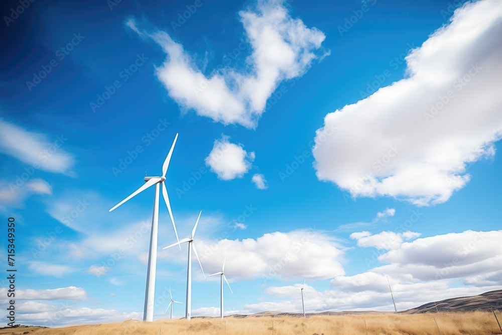 wind farm with white turbines and blue sky with clouds wind farm with white turbines and blue sky with clouds