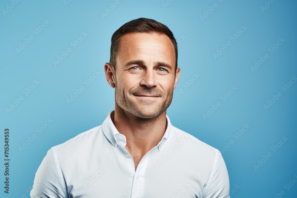 Handsome caucasian man in white shirt on blue background Handsome caucasian man in white shirt on blue background