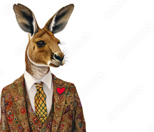 Australian animals theme, a Kangaroo wearing trendy suit and lapel pin in shape of heart. Australia Day celebrating concept. 