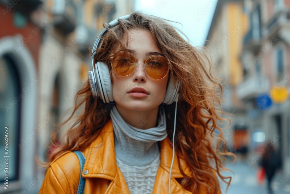 Milan Stylish Woman with Headphones and Urban Backdrop