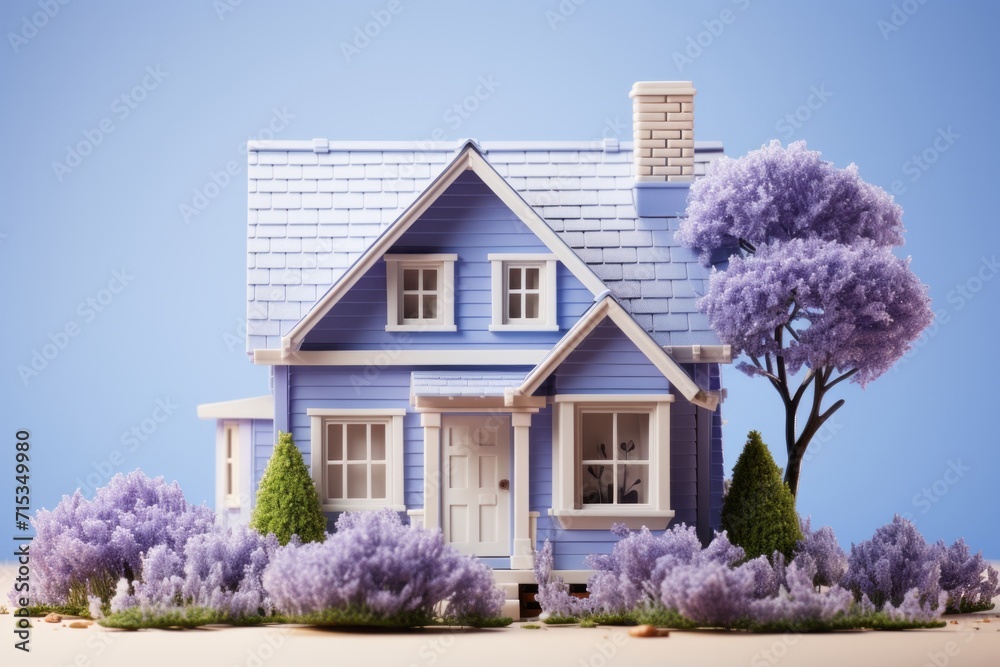 Cottage-Style Residential Architecture, on an isolated Lavender background, Generative AI