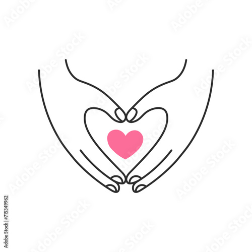 Two hands with heart gesture. Line love symbol. Support, hope, care, charity, donation doodle sign. Vector illustration. Relationship, wedding, selfcare, marriege design.