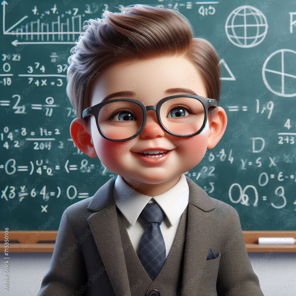 3D Baby Teacher smiling with glasses in a Portrait with blackboard ...