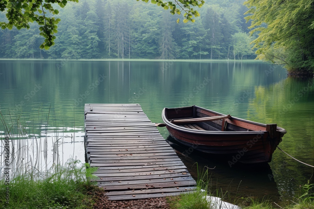 old rusted boat is tethered to a wooden dock that extends into the water