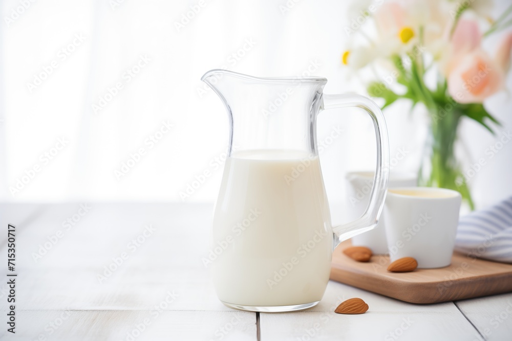 almond milk in a clear pitcher with whole almonds arranged around almond milk in a clear pitcher with whole almonds arranged around
