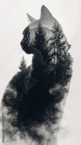 Cat in double exposure of forest mountains, silhouette  © imlane